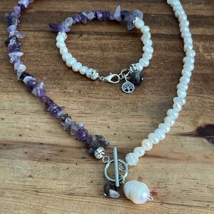 Pearl and Amethyst Necklace and Bracelet Set hand made unique